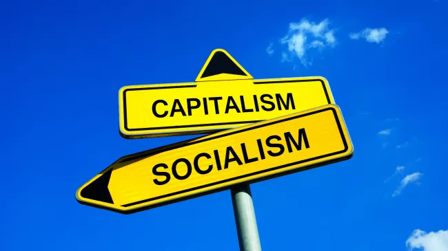 road signs with socialism and capitalism